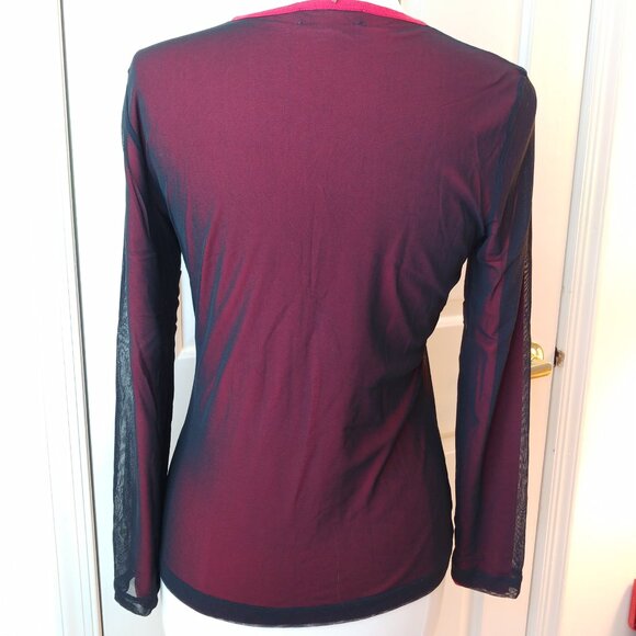 🔴 Calvin Klein Petites sz PM Double Layered Red Black Mesh Top Blouse Stretch - Picture 6 of 16